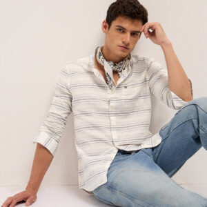 white & blue slim fit casual shirt with woven horizontal textured stripes