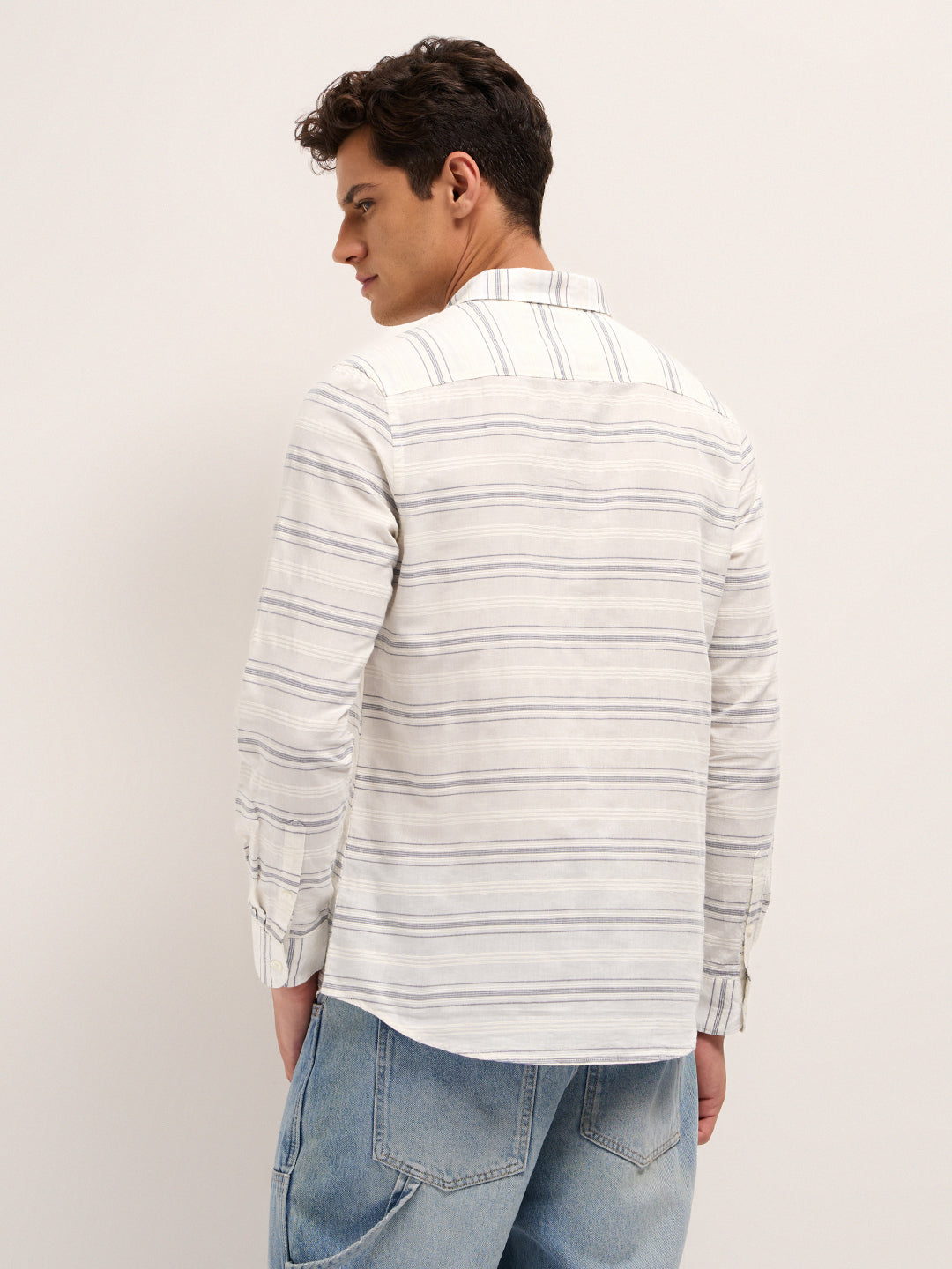 white & blue slim fit casual shirt with woven horizontal textured stripes white & blue slim fit casual shirt with woven horizontal textured stripes