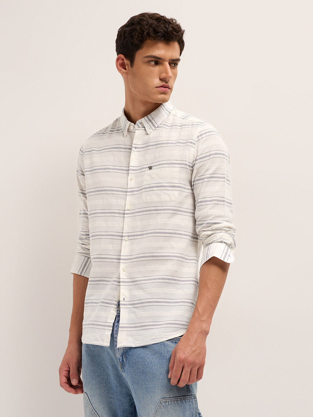 white & blue slim fit casual shirt with woven horizontal textured stripes white & blue slim fit casual shirt with woven horizontal textured stripes