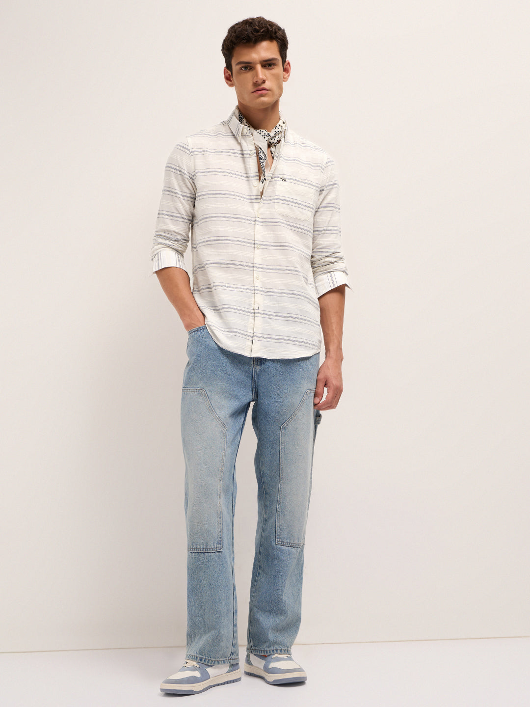 white & blue slim fit casual shirt with woven horizontal textured stripes white & blue slim fit casual shirt with woven horizontal textured stripes