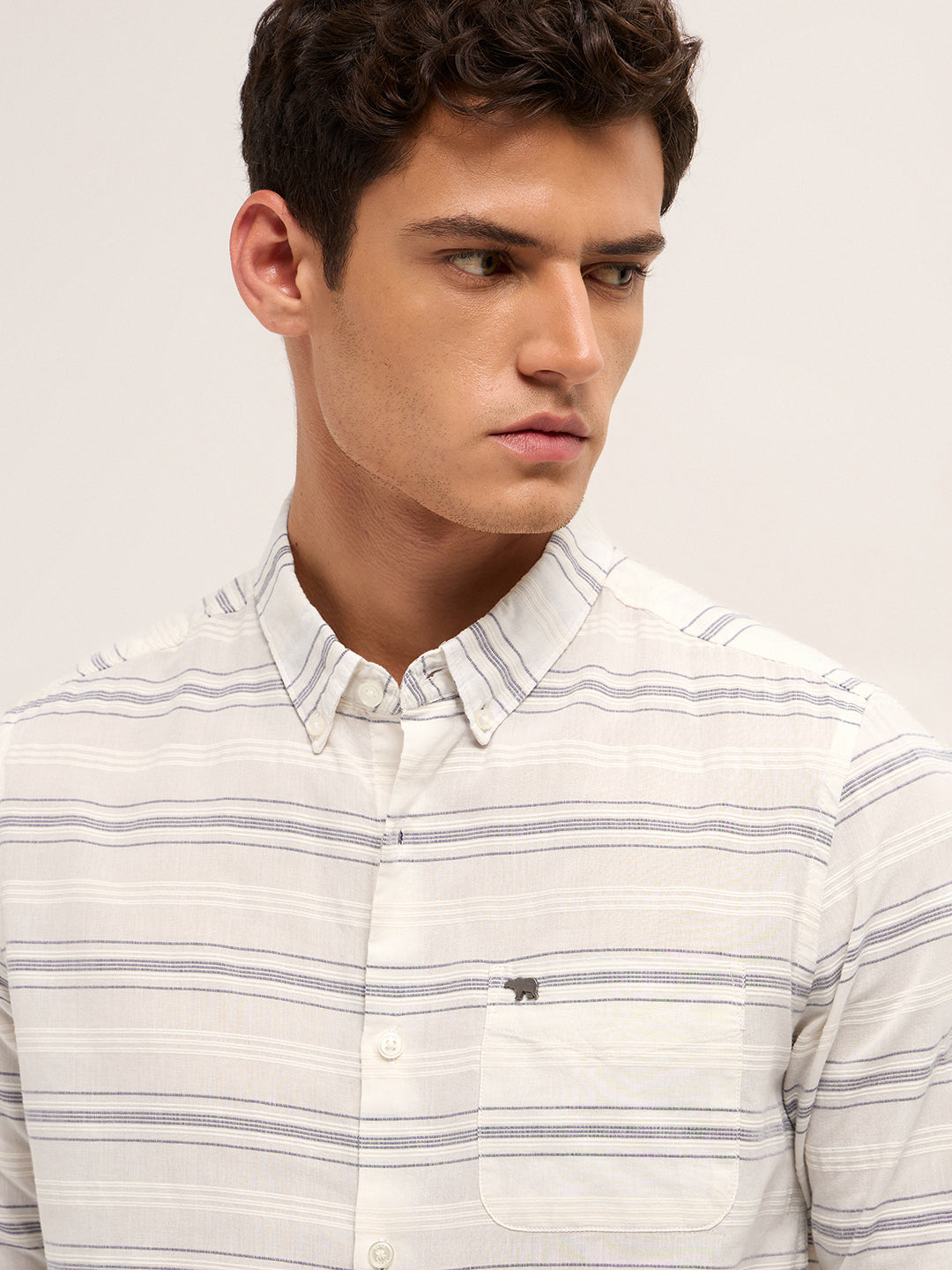 white & blue slim fit casual shirt with woven horizontal textured stripes white & blue slim fit casual shirt with woven horizontal textured stripes