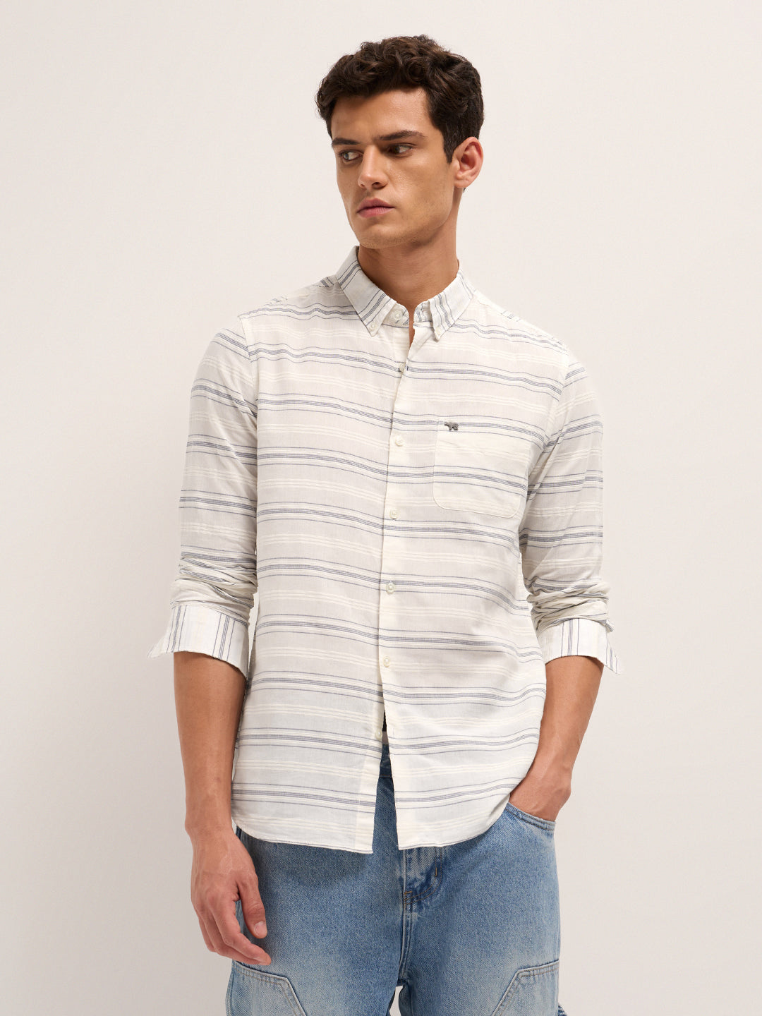 white & blue slim fit casual shirt with woven horizontal textured stripes white & blue slim fit casual shirt with woven horizontal textured stripes