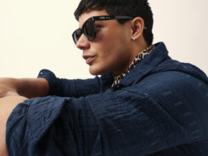 blue textured woven self design slim fit casual shirt