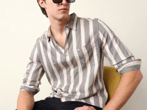 beige regular fit vertical crinkle stripe casual shirt
