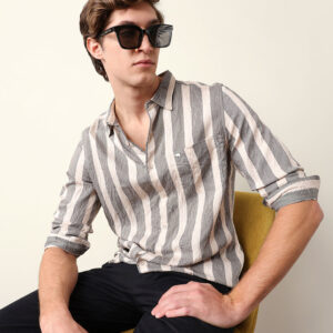 beige regular fit vertical crinkle stripe casual shirt