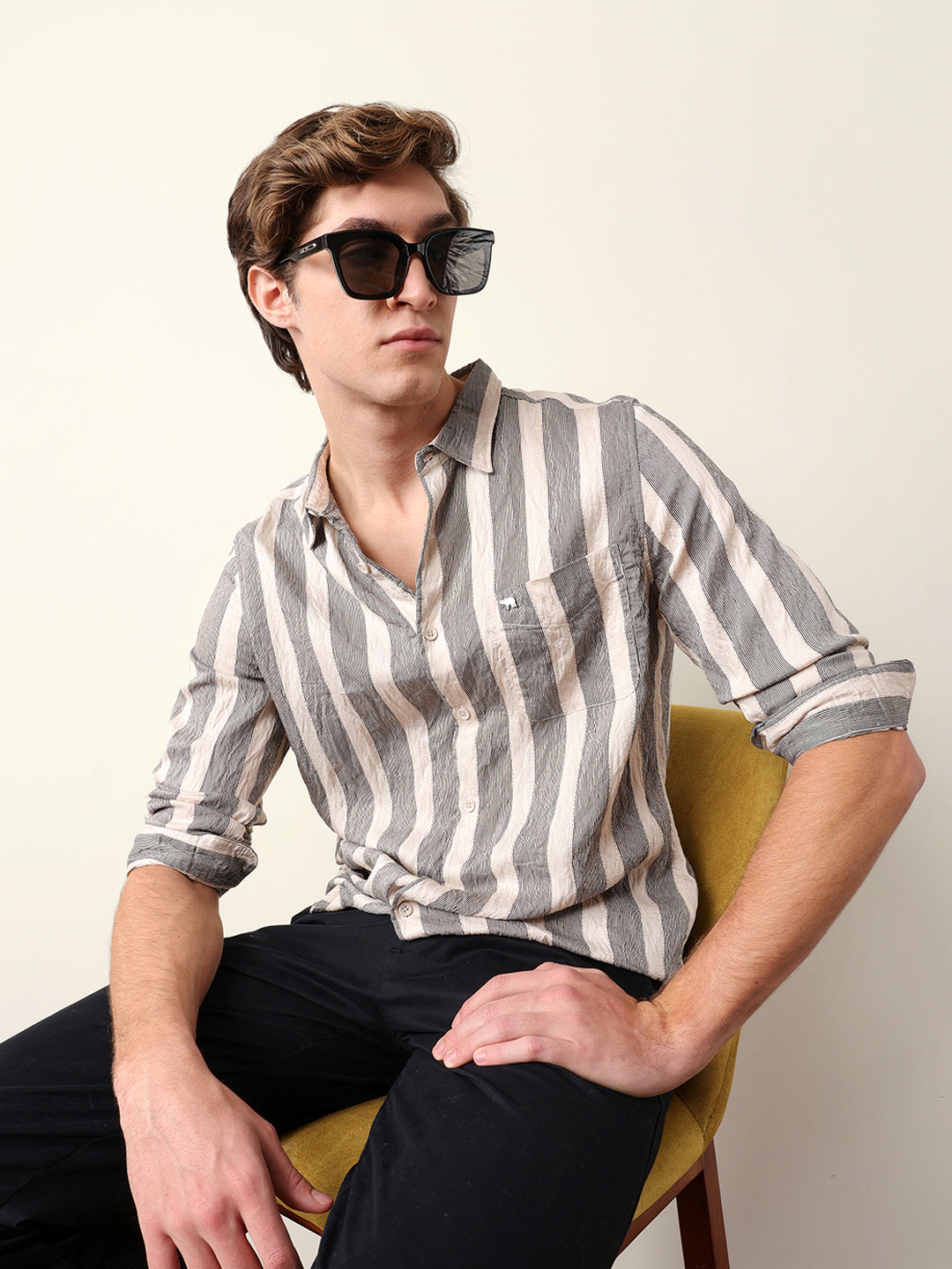 beige regular fit vertical crinkle stripe casual shirt beige regular fit vertical crinkle stripe casual shirt