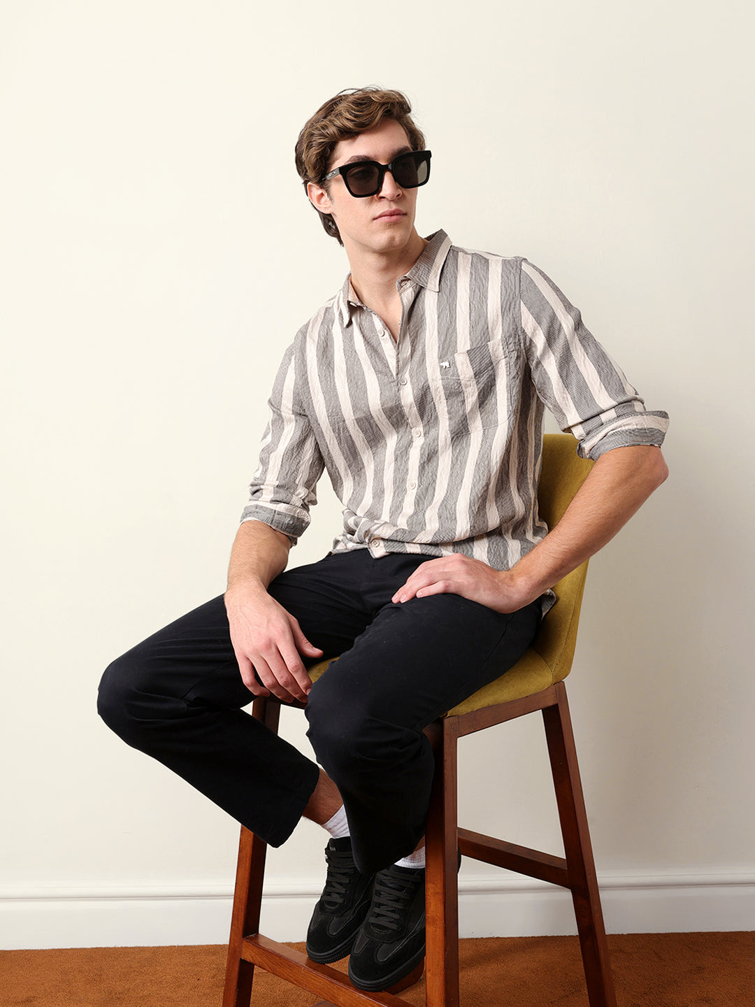beige regular fit vertical crinkle stripe casual shirt beige regular fit vertical crinkle stripe casual shirt