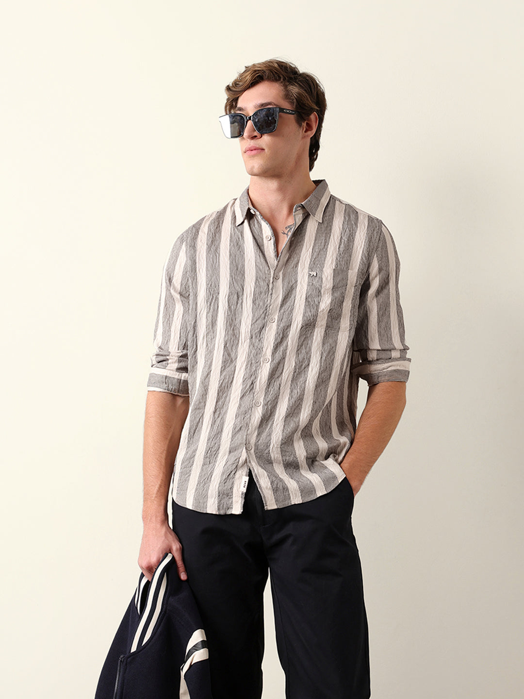 beige regular fit vertical crinkle stripe casual shirt beige regular fit vertical crinkle stripe casual shirt