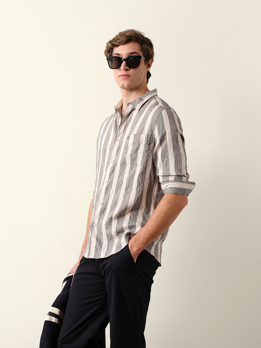 beige regular fit vertical crinkle stripe casual shirt beige regular fit vertical crinkle stripe casual shirt