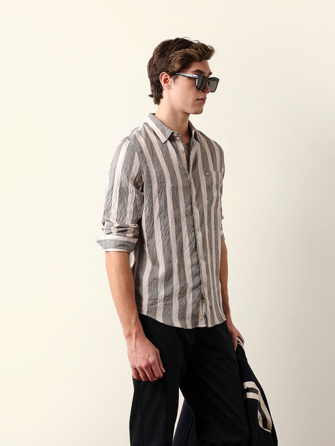 beige regular fit vertical crinkle stripe casual shirt beige regular fit vertical crinkle stripe casual shirt