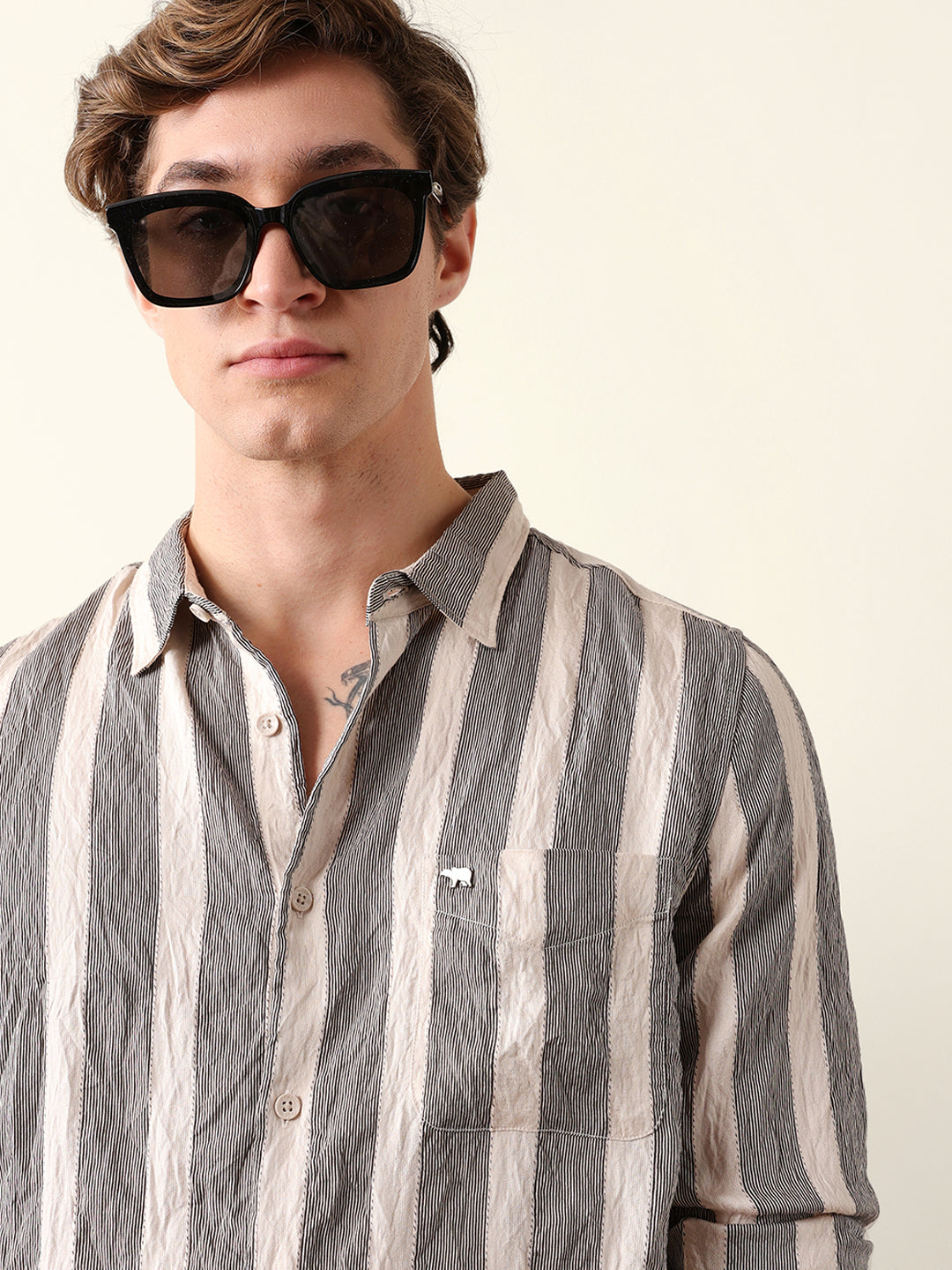 beige regular fit vertical crinkle stripe casual shirt beige regular fit vertical crinkle stripe casual shirt