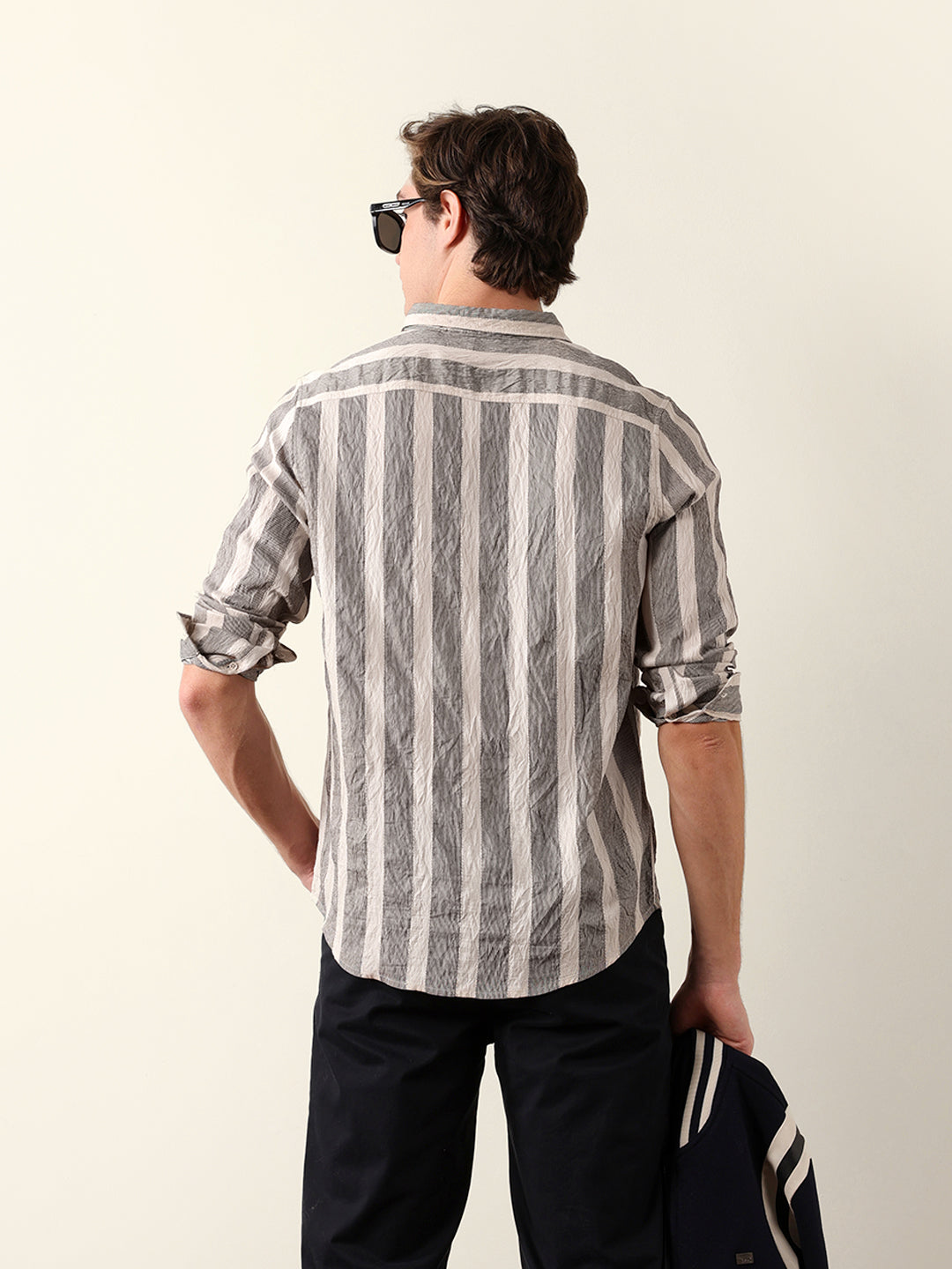 beige regular fit vertical crinkle stripe casual shirt beige regular fit vertical crinkle stripe casual shirt