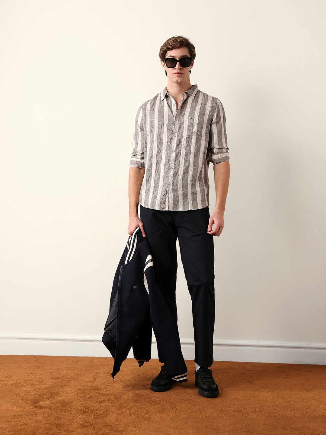 beige regular fit vertical crinkle stripe casual shirt beige regular fit vertical crinkle stripe casual shirt