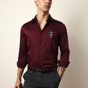 maroon tailored fit regal crest embroidery formal party shirt