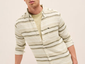 beige slim fit casual shirt with woven horizontal textured stripes