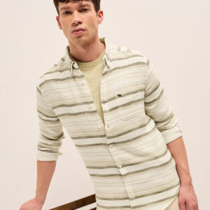beige slim fit casual shirt with woven horizontal textured stripes