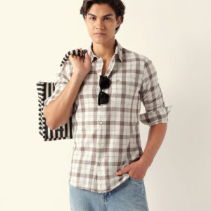 cream & brown woven checked slim fit casual shirt