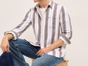 white vertical stripe woven flannel slim fit casual shirt