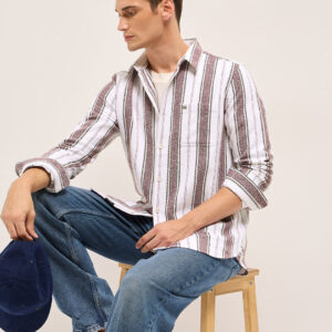 white vertical stripe woven flannel slim fit casual shirt