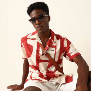 red & beige abstract brushstroke printed relaxed fit short sleeve shirt