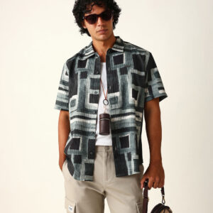 green & black abstract geometric printed relaxed fit casual shirt