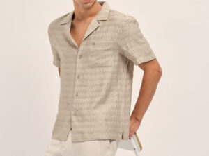 beige zigzag textured weave relaxed fit half sleeve casual shirt
