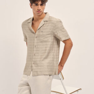 beige zigzag textured weave relaxed fit half sleeve casual shirt