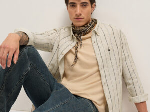 beige woven vertical stripes slim fit casual shirt