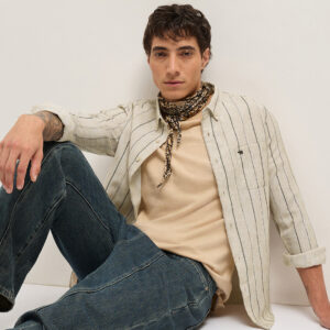 beige woven vertical stripes slim fit casual shirt