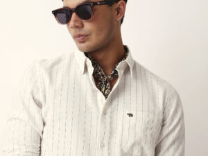 white vertical striped slim fit casual shirt with textured stitch detailing