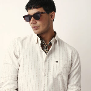 white vertical striped slim fit casual shirt with textured stitch detailing