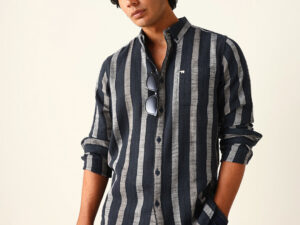 black woven vertical stripes slim fit casual shirt