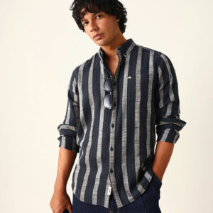 black woven vertical stripes slim fit casual shirt