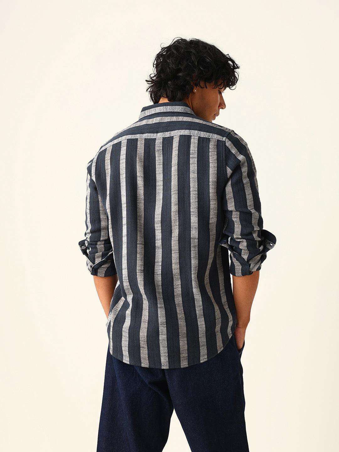 black woven vertical stripes slim fit casual shirt black woven vertical stripes slim fit casual shirt