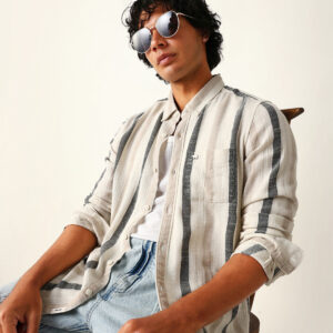cream woven vertical stripes slim fit casual shirt
