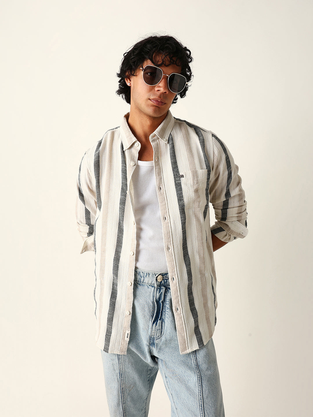 cream woven vertical stripes slim fit casual shirt cream woven vertical stripes slim fit casual shirt