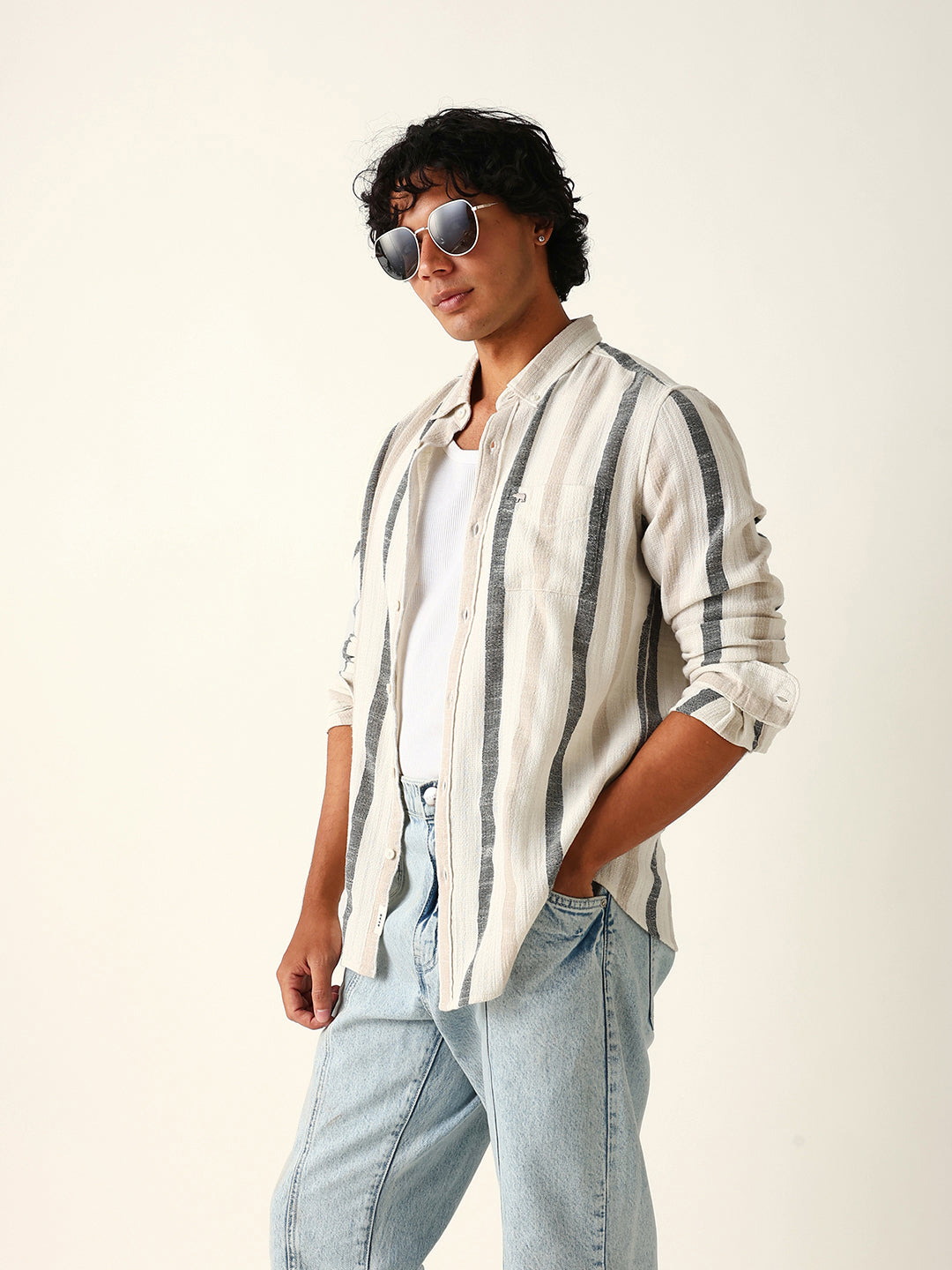 cream woven vertical stripes slim fit casual shirt cream woven vertical stripes slim fit casual shirt