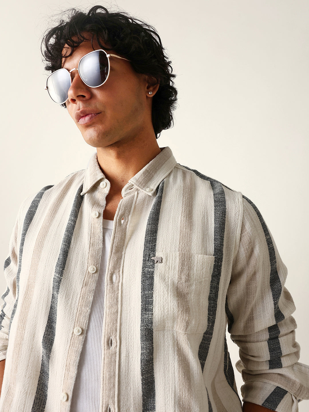 cream woven vertical stripes slim fit casual shirt cream woven vertical stripes slim fit casual shirt