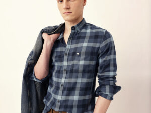 blue woven tartan checked slim fit casual shirt