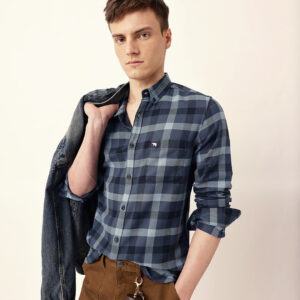 blue woven tartan checked slim fit casual shirt