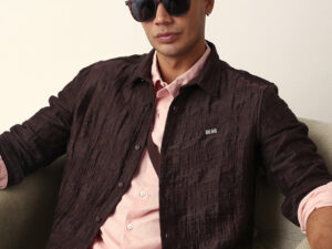 brown textured woven self design slim fit casual shirt