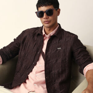 brown textured woven self design slim fit casual shirt