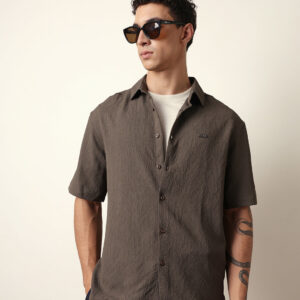 olive all over textured leaf motif oversized shirt with half sleeves