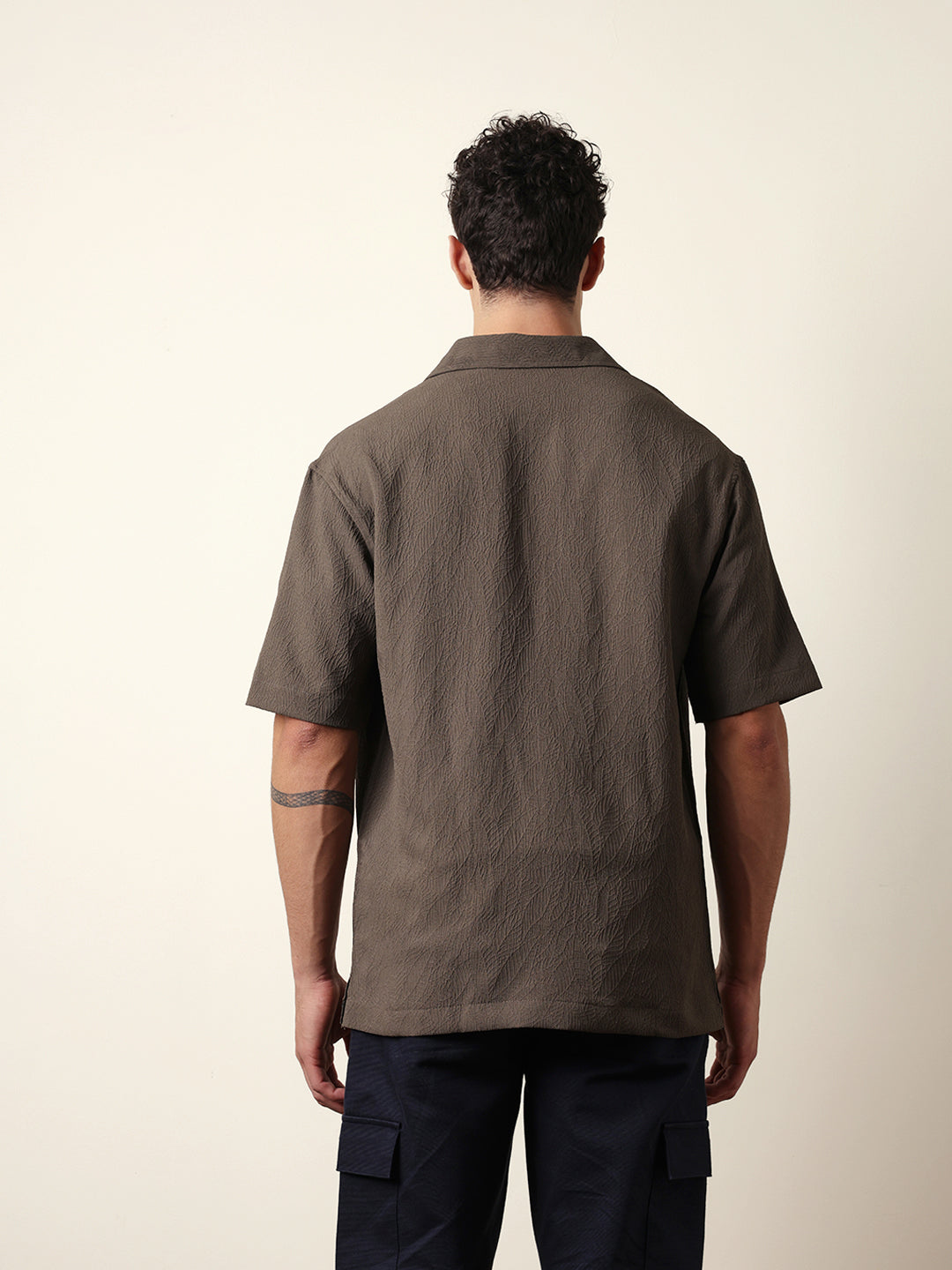 olive all over textured leaf motif oversized shirt with half sleeves olive all over textured leaf motif oversized shirt with half sleeves