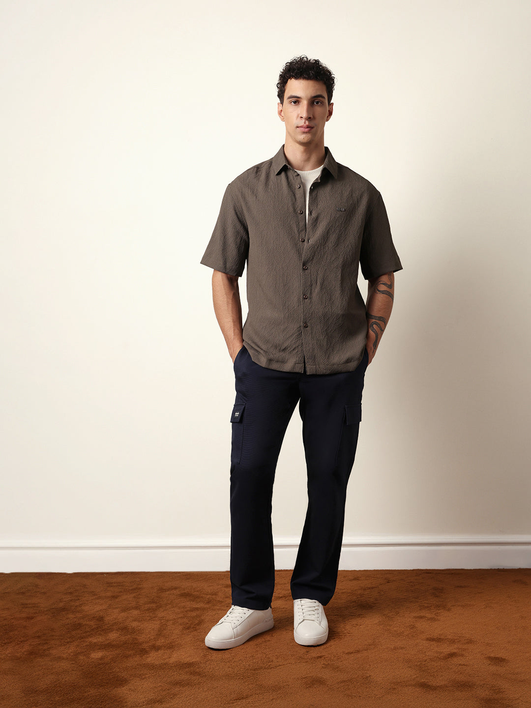 olive all over textured leaf motif oversized shirt with half sleeves olive all over textured leaf motif oversized shirt with half sleeves