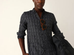 black slim fit casual shirt with woven vertical textured stripes