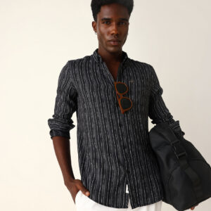 black slim fit casual shirt with woven vertical textured stripes