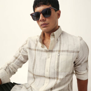 cream & beige woven checked slim fit casual shirt with button down collar