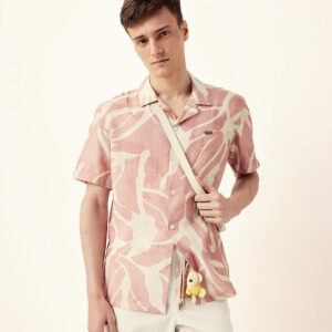 pink with cream relaxed fit abstract stroke print half sleeve casual shirt
