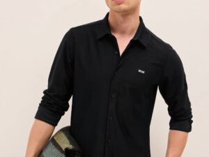 black woven textured regular fit casual shirt